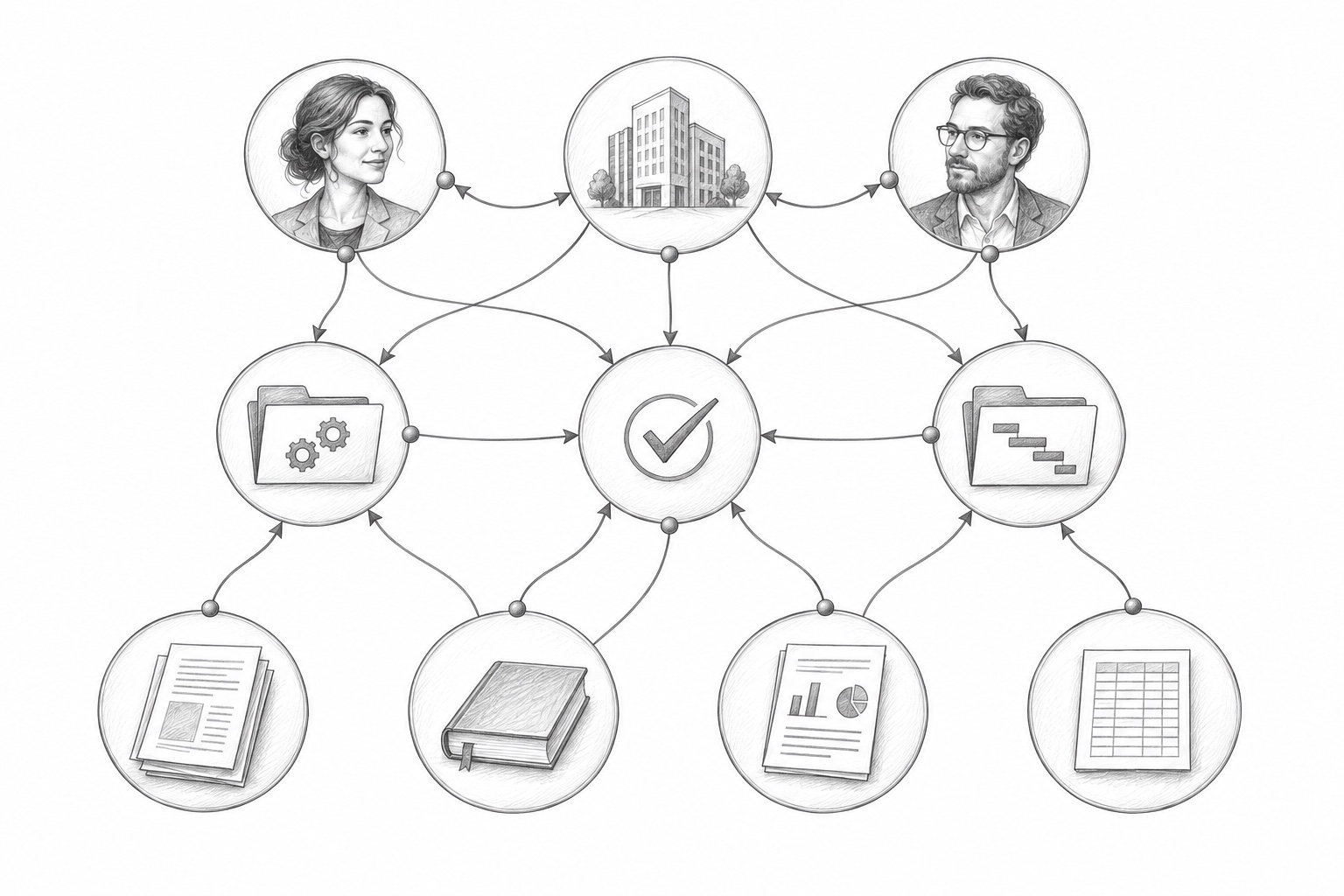 Illustration: Personen, Organisationen und Dokumente in einem verbundenen Netz